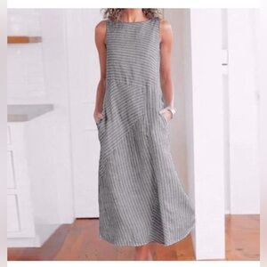 J. Jill 100% Linen Asymmetric Grey White striped Maxi Dress pockets M EUC
